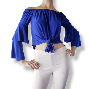 Fashion Nova Royal Blue Knot Front Off Shoulder Top
